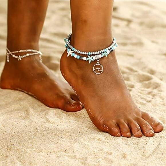 Blue Starfish Turtle Anklet Multilayer Charm Beads Sea Handmade Boho Anklet Foot - Picture 4 of 9